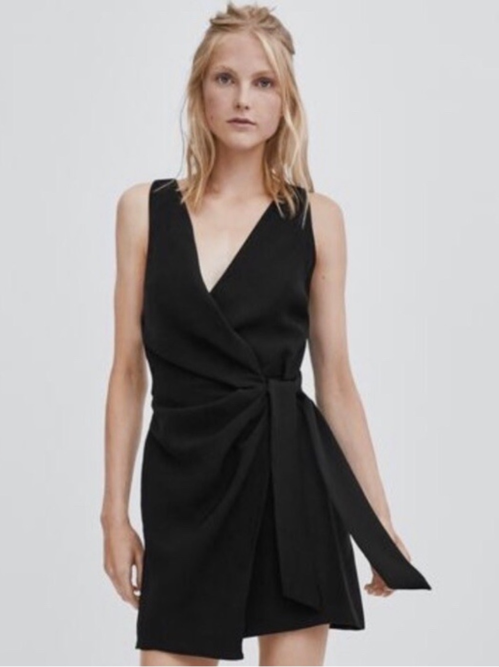 Zara Soft Surplice Wrap Dress Tortoise Shell O-Ring Dress In Black